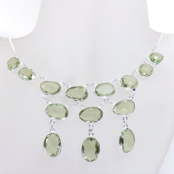 18 inch Green Amethyst A - SCN987-Genuine Cut Gemstone 18 inch 925 Silver Bezel Setting Cha