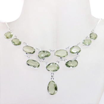 18 inch Green Amethyst J - SCN985-Exclusive 925 Silver Genuine Cut Gemstone Fancy Chain Nec