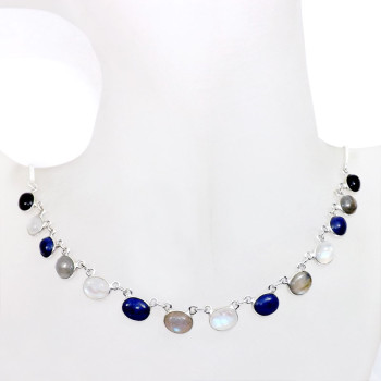 18 inch Multi Cab Gemstone A - SCN983-18 inch Beautiful Bezel Chain Necklace 925 Silver with Se
