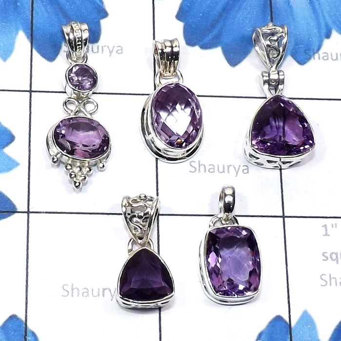 5 Pcs Amethyst Cut C - SVP877-925 Plain Silver with Cut Amethyst Handmade 5 Pcs Small B