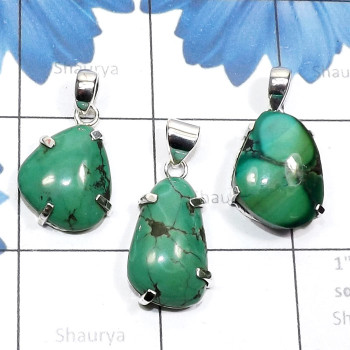 3 Pcs Tibet Turquoise A - SVP870-Rough Tibet Turquoise 3 Pcs 925 Silver Prong Setting Whol