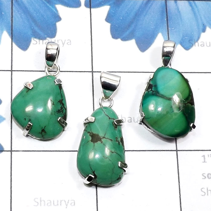 3 Pcs Tibet Turquoise A - SVP870-Rough Tibet Turquoise 3 Pcs 925 Silver Prong Setting Whol