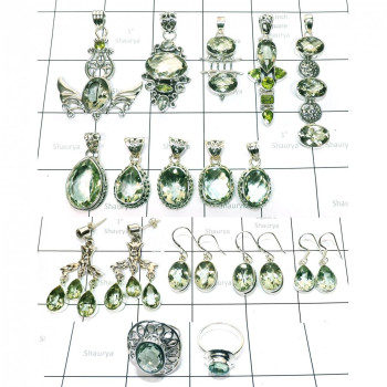 16 Pcs Green Amethyst cut combo lot A - WSL997- Sterling silver Wholesale combo lots with Pendants, Earr