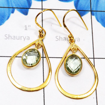 Green Amethyst B - SGE953-925 Sterling Silver Gold Plated Vermeil Earring with Semi