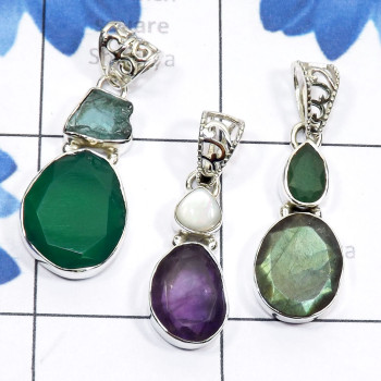 3 Pcs Multi Cut Gemstone F - SVP851-Genuine Gemstone 925 Sterling Silver 3 Pcs Wholesale Pend