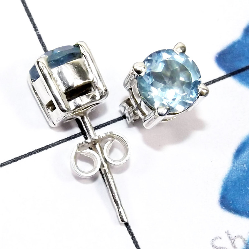 Blue Topaz F - SSE969-6mm Round Faceted Semiprecious Gemstone 925 Sterling Silv