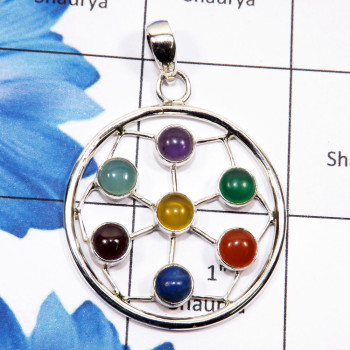 Chakra Stone B - CHP990-Seven Multi Cab Chakra Stone 925 Sterling Silver Pendant