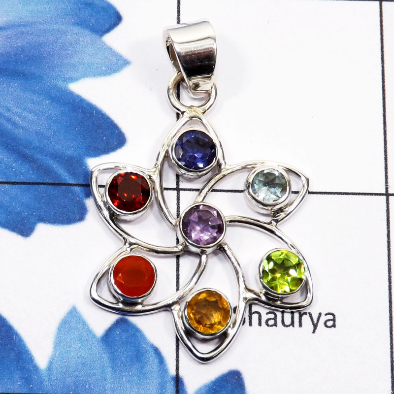 Chakra Stone A - CHP988-Seven Stone Chakra Pendant with 925 Sterling Silver Chakra Stone A - CHP988-Seven Stone Chakra Pendant with 925 Sterling Silver
