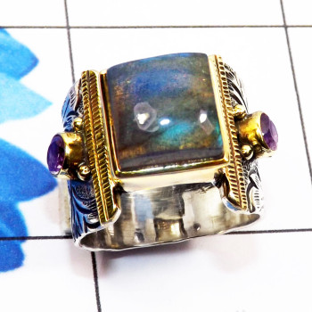 Labradorite Cab F - STR941-Sterling 925 Silver with Brass n Genuine Gemstone Two Ton