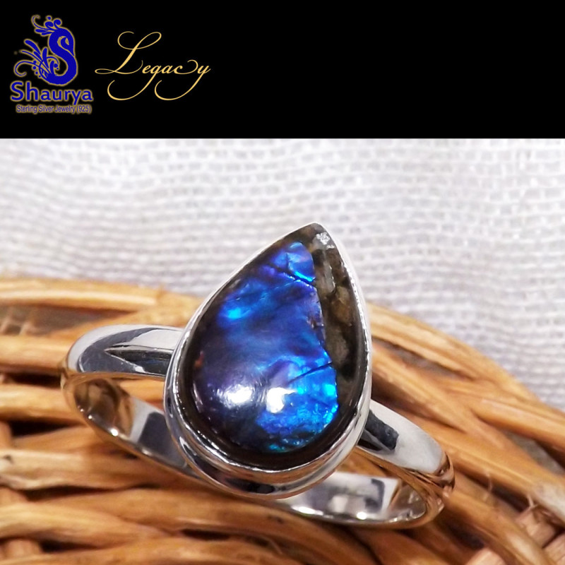 Ammolite C - ALG964-Natural BLue Fire Ammolite Ring Gemstone 925 Sterling Sil