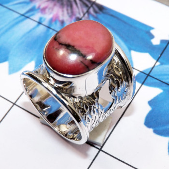 Rhodonite C - RSS988-925 Sterling Silver Gemstone Ring with Black Coral, Pryni Rhodonite C - RSS988-925 Sterling Silver Gemstone Ring with Black Coral, Pryni