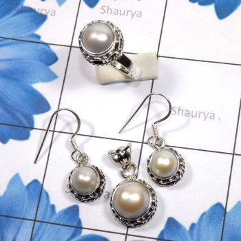 3 Pcs Pearl Set A - PPS999-Natural Pearl Earring, Pendant, Ring 925 Sterling Silver 