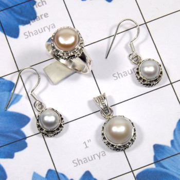 3 Pcs Pearl Set C - PPS999-Natural Pearl Earring, Pendant, Ring 925 Sterling Silver 