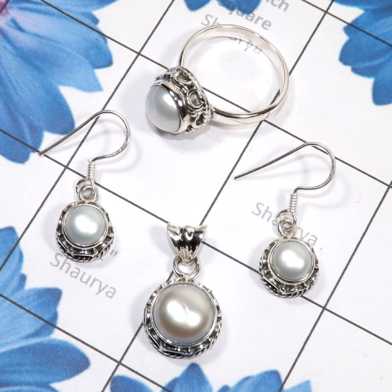 3 Pcs Pearl Set D - PPS999-Natural Pearl Earring, Pendant, Ring 925 Sterling Silver 