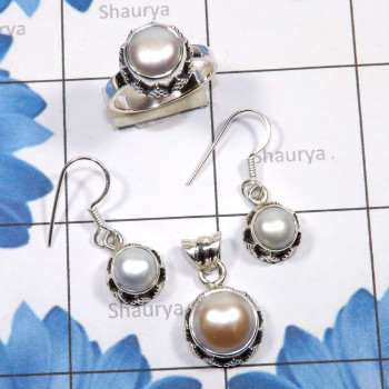 3 Pcs Pearl Set A - PPS998-3 Pcs Earring, Pendant, Ring, Pearl Set Made in 925 Sterl
