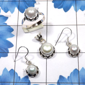 3 Pcs Pearl Set O - PPS998-3 Pcs Earring, Pendant, Ring, Pearl Set Made in 925 Sterl