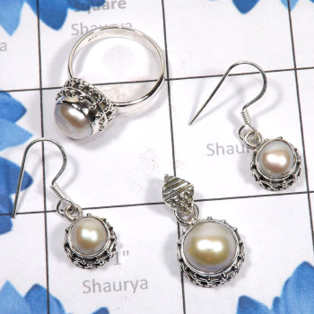 3 Pcs Pearl Set C - PPS997-925 Sterling Silver 3 Pcs Pearl Earring, Pendant, Ring Se