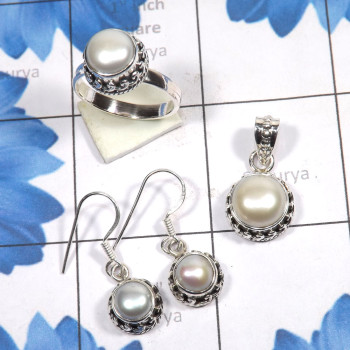 3 Pcs Pearl Set A - PPS995-Genuine Pearl 3 Pcs Earring, Pendant, Ring Set 925 Sterli