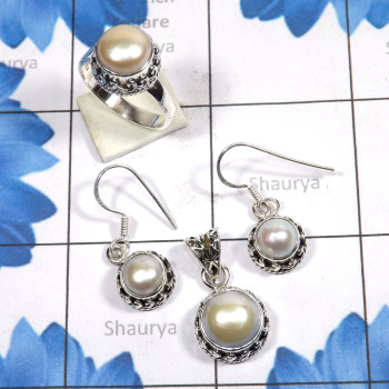 3 Pcs Pearl Set B - PPS995-Genuine Pearl 3 Pcs Earring, Pendant, Ring Set 925 Sterli
