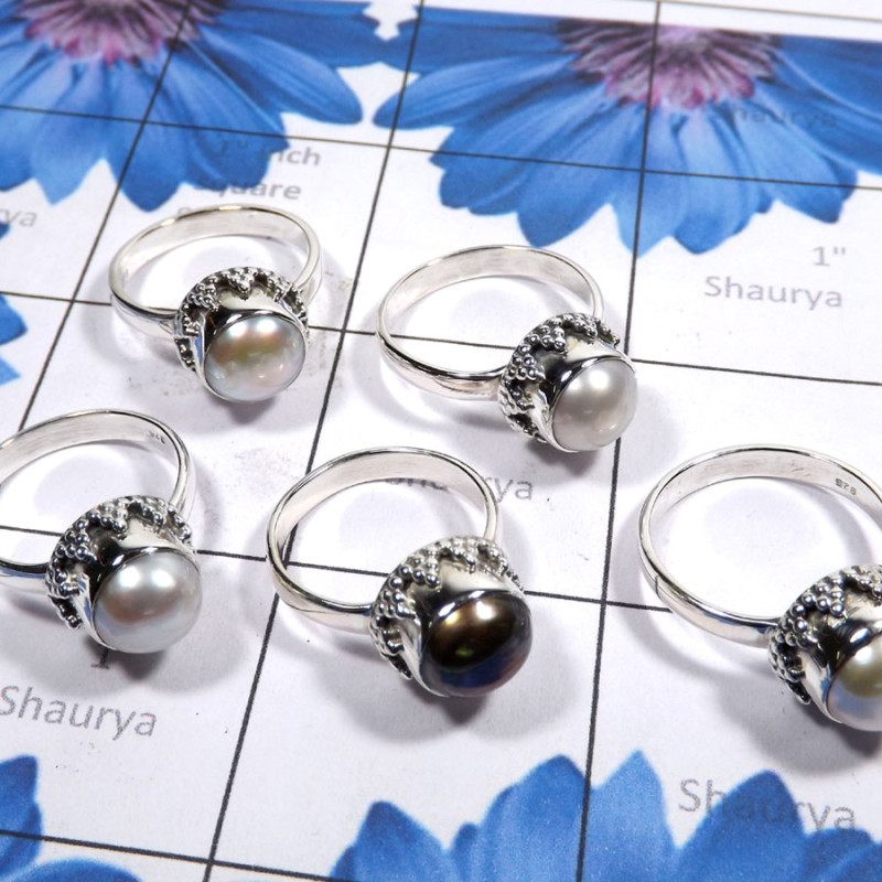 5 Pcs Pearl A - PPR993-Pure 925 Silver 5 Pcs Pearl Ring Lot 5 Pcs Pearl A - PPR993-Pure 925 Silver 5 Pcs Pearl Ring Lot