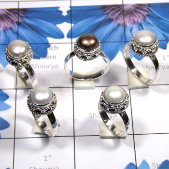 5 Pcs Pearl C - PPR993-Pure 925 Silver 5 Pcs Pearl Ring Lot