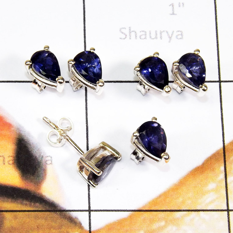 3 Pairs of Iolite Cut Gems Stone Stud Earrings C - SSE934 - Amazing 3 Pairs Of Multi Cut Gems Stone 925 Sterling Si