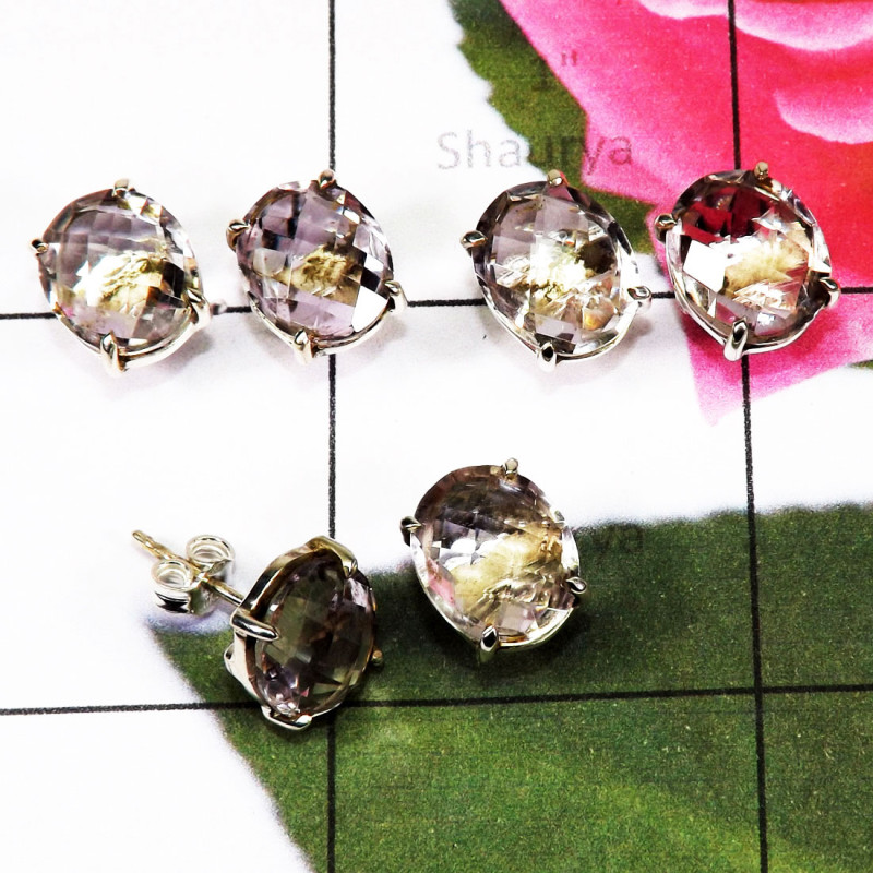 3 Pair Amethyst Cut Gems Stone O - SSE922 - Amazing Multi Designed 3 Pairs of Beautiful Amethyst Cu