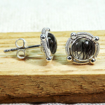 Black Rutile F - BLE998-5mm Small Designed Stud Earrings of 925 Sterling Silver & Black Rutile F - BLE998-5mm Small Designed Stud Earrings of 925 Sterling Silver &