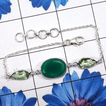 Green Onyx Cut & Green Amethyst B - SBB917-New Bezal Braclets of 925 Sterling Silver & Multi Cut Gem Green Onyx Cut & Green Amethyst B - SBB917-New Bezal Braclets of 925 Sterling Silver & Multi Cut Gem