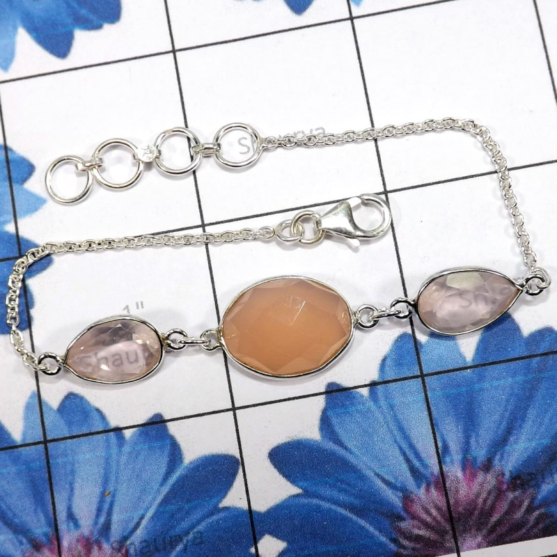 Rose Quartz D - SBB915-Beautiful Bezal 925 Sterling Silver Braclets With Geniune