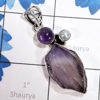 Amethyst Cab,Pearl & Amethyst Rough O - FSP973-Miraculous Pendants of Natural Amethyst & Rose Quartz Rou