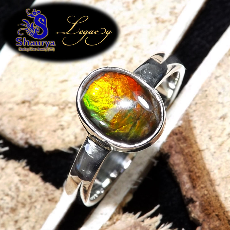 Multi Firey Ammolite O - ALG933-Celestial 925 Sterling Silver Rings of Lovely Firey Ammol