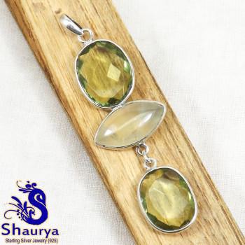 Green Amethyst & Prynite B - BPS970-Three Stone Bezal Pendants Manufactured 925 Sterling Silv