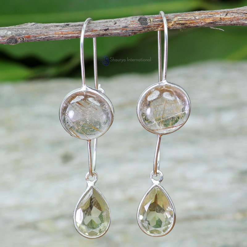 GOLDEN RUTAIL & GREEN AMETHYST F - BZE845- NEW COLLECTION OF TWO GEMSTONE EARRINGS MADE IN 925 STER