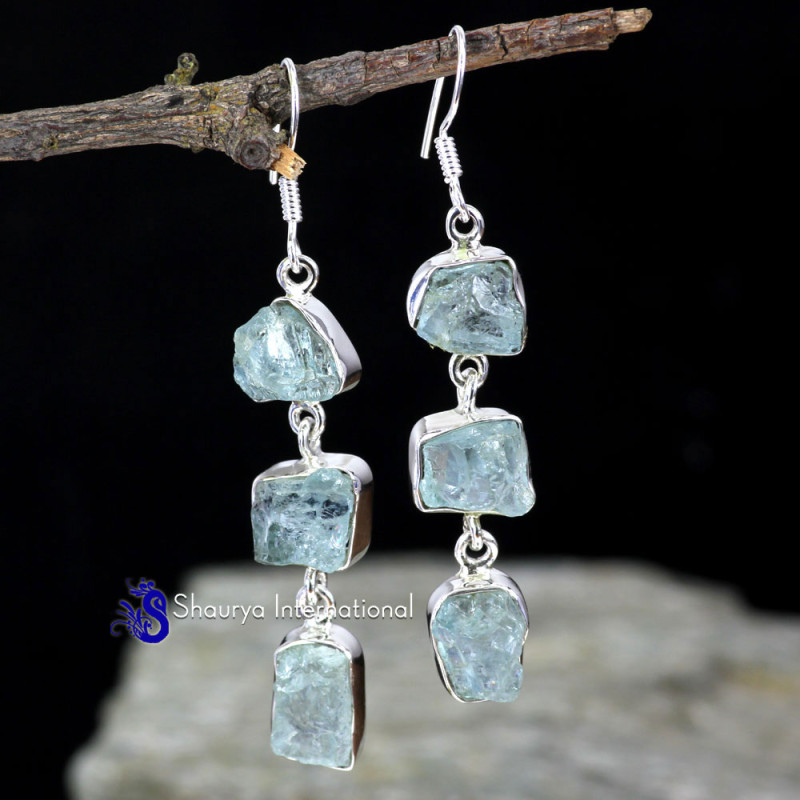 AQUAMARINE ROUGH C - SPE907- FABULOUS DESIGNER THREE STONE PRETTY EARRINGS MADE IN 92