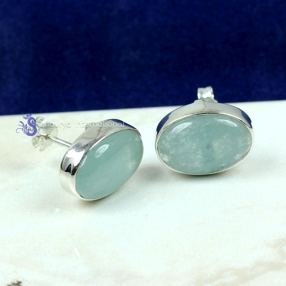Aquamarine G - SSE890- NATURAL GEMSTONE TRENDY STUD EARRINGS MADE IN 925 STERLI