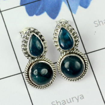 NEON BLUE APATITE D - SSE888-MULTI CUT N CAB GEMSTONE 925 STERLING SILVER STUD EARRING