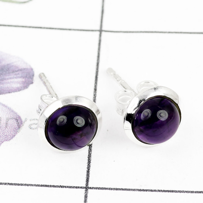 AMETHYST CAB B - BLE989-NATURAL GEMSTONE PLAIN STUD EARRINGS MADE IN 925 STERLING AMETHYST CAB B - BLE989-NATURAL GEMSTONE PLAIN STUD EARRINGS MADE IN 925 STERLING