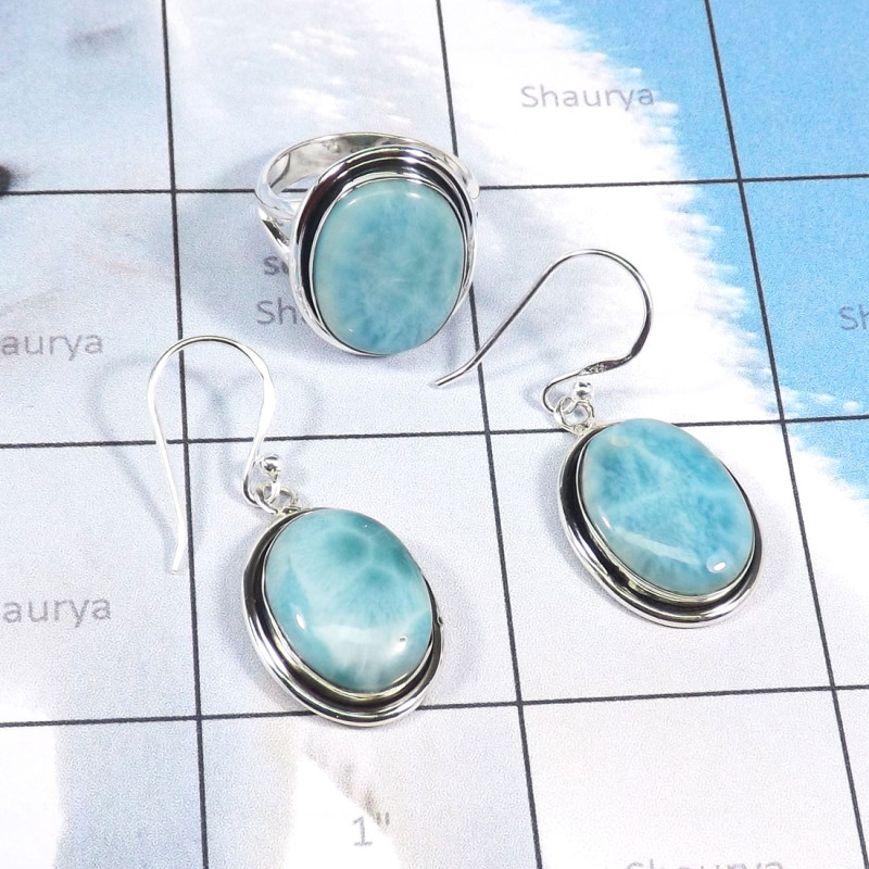 2Pcs Larimar Lot A - CBS979-Wholesale 2Pcs Ring & Earring Lot With Multi Cab Gemstone