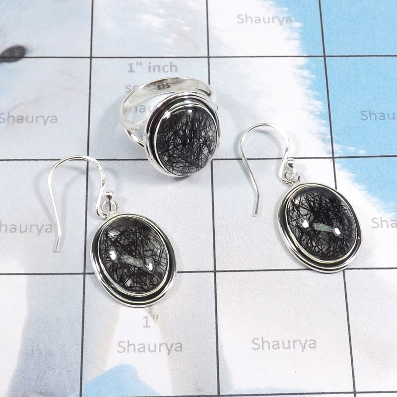2Pcs Black Rutile D - CBS978-Wholesale 2 Pcs Multi Cab Stone Ring & Earring Set With 9