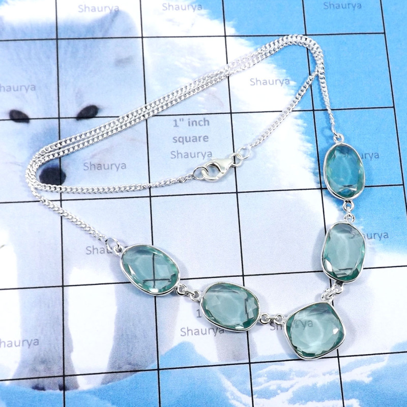 19inch Blue Hydro Glass G - BZN989-Indian Factory Made Beautiful Bezal Necklaces With 925 St