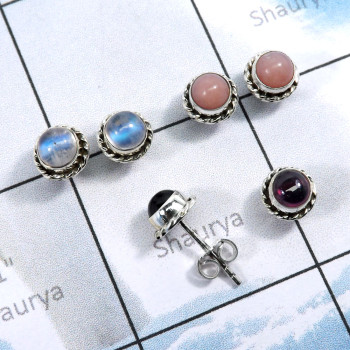 3Pairs Moonstone,Pink Opal,Garnet O - SSE868-Wholesale 3Pairs 5mm Round Stud Earrings With Multi Gemst