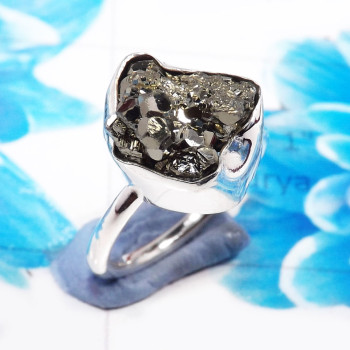 Pyrite Druzy I - STK969-Gorgeous Pyrite Druzy Designer 925 Sterling Silver Ring W