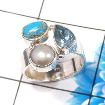 Blue Copper Turquoise,Pearl & Blue Topaz A - CLR945-Gorgeous 925 Sterling Silver Factory Handmade Cluster Rin Blue Copper Turquoise,Pearl & Blue Topaz A - CLR945-Gorgeous 925 Sterling Silver Factory Handmade Cluster Rin