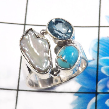 Blue Copper Turquoise,Pearl & Blue Topaz A - CLR944-Trendy Three Stones 925 Sterling Silver Cluster Rings Par Blue Copper Turquoise,Pearl & Blue Topaz A - CLR944-Trendy Three Stones 925 Sterling Silver Cluster Rings Par