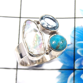 Blue Copper Turquoise,Pearl & Blue Topaz H - CLR944-Trendy Three Stones 925 Sterling Silver Cluster Rings Par Blue Copper Turquoise,Pearl & Blue Topaz H - CLR944-Trendy Three Stones 925 Sterling Silver Cluster Rings Par