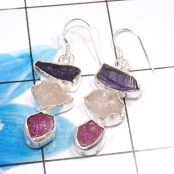 Amethyst,Ruby & Rose Quartz Rough A - XSE944-925 Sterling Silver Fabulous Rough Stone Earrings Company