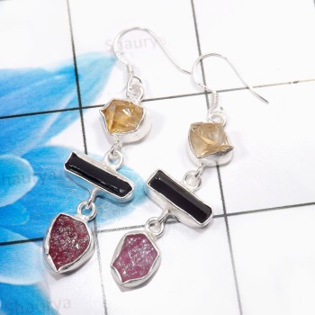 Citrine,Black Tourmaline & Ruby Rough E - XSE944-925 Sterling Silver Fabulous Rough Stone Earrings Company
