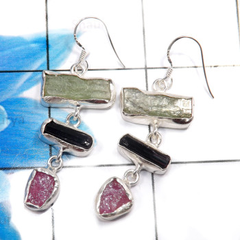 Green Kynite,Ruby & Black Tourmaline Rough H - XSE944-925 Sterling Silver Fabulous Rough Stone Earrings Company