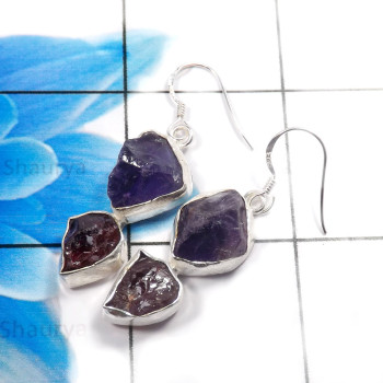 Amethyst & Garnet E - XSE943-Stunning 925 Sterling Silver Handmade Rough Stone Earring Amethyst & Garnet E - XSE943-Stunning 925 Sterling Silver Handmade Rough Stone Earring